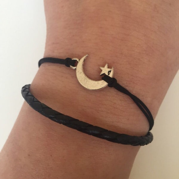 Moon Leather Bracelet 309- friendship cuff moon star bracelet black leather braid gift adjustable current womenswear trendy  innovative