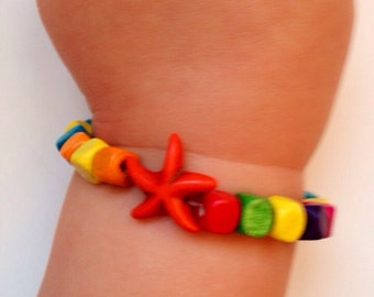 Kleines Mädchen Armband 150- Seestern kleine Mädchen Mode Holz Perlen Regenbogen Farbe Schmuck für Kinder