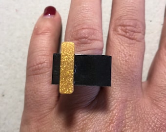 Huge black golden ring Resin 462geometric huge ring golden big ring epoxi resine wearable art mini sculpture