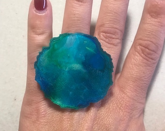Enorme anel azul resina 460-geométrico enorme azul espumante grande anel ajustável resina epóxi wearable arte mini escultura
