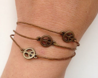 Peace sign Bracelet 62- friendship bronze charm waxed cotton bracelet peace sign gift adjustable current womenswear unique innovative