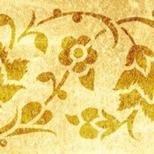 May include: A vintage-style border design with a repeating pattern of stylized flowers and leaves in gold on a textured beige background.