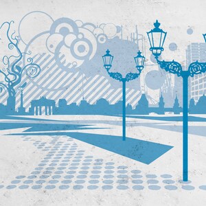 May include: A blue and white graphic illustration of a cityscape, featuring silhouettes of buildings, street lamps, and decorative elements. The artwork has a textured background and a modern, artistic style.