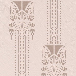 May include: Two vertical decorative patterns in a muted brown hue, set against a textured, light pink background. The designs feature stylized floral and geometric elements, including leaves, dots, and symmetrical shapes, creating an Art Deco or Art Nouveau aesthetic.