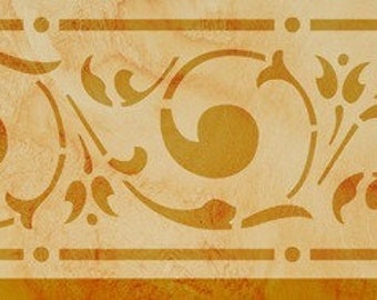 Peut inclure: Une bordure décorative avec un motif répétitif d'éléments floraux et de volutes stylisés dans des tons or et beige. Le design comprend des lignes horizontales avec de petits accents circulaires, créant un aspect ornemental classique.