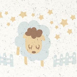 May include: An illustration of three sheep with star patterns on their wool, in shades of brown and blue. A light blue fence and yellow stars are scattered across a textured white background. One sheep wears a nightcap. A charming design.