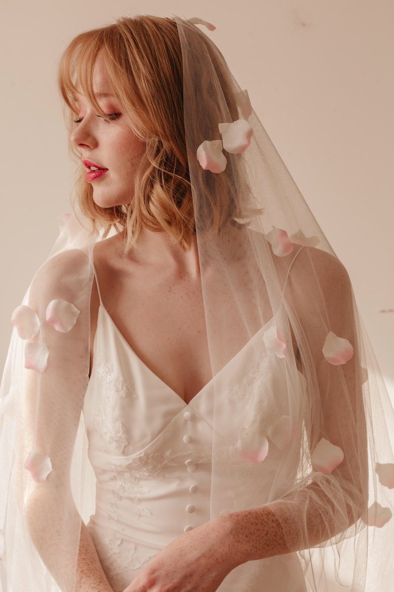 SAMPLE SALE blossom veil. long veil. Petals. Pink and ivory veil. Flower veil. image 1