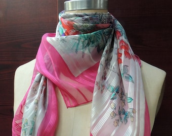 Vintage Silk Scarf: Retro Striped Sheer Floral Headscarf, Made in China