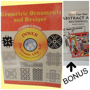 May include: A CD-ROM and book titled "Geometric Ornaments and Designs" by Dover Publications. The CD-ROM features 281 permission-free designs for use with Electronic Clip Art software for Macintosh and Windows. The book cover also includes a bonus coloring book titled "Color Your Own Abstract Art Masterpieces" by Muncie Hendler.