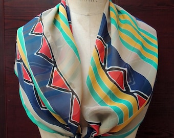 Vintage Geometric Silk Scarf: Sheer Fall Colors Headscarf