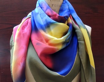Vintage Hand-Painted Silk Scarf: Large Swirl Multi-Color Headscarf