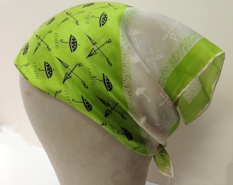 Vintage Silk Scarf: "Umbrellas" Print, Lime Green Retro Headscarf, Made in Japan