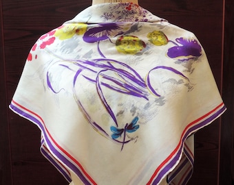 Vintage Lilly Pond Scarf: Silk Head Cover with Dragonfly and Flora Print