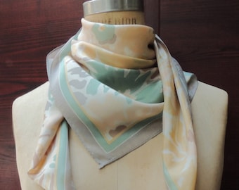 Retro Floral Scarf: Vintage Boho Headscarf, Taupe, Turquoise, Peach Silk