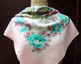 Hand-Painted Silk Scarf: Vintage Tropical Floral Headscarf, Made in Occupied Japan