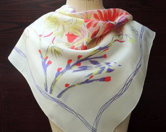 Birds and Floral Scarf: Retro Fashion Headscarf, Modern Head Cover or Wrap, Hatband, Neck Scarf, Scarves for Her, Great Gift, 24 inch Silk.