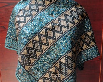 Vintage Silk Scarf: Retro "Honey"-Geo Print, Navy, Gold, & Turquoise