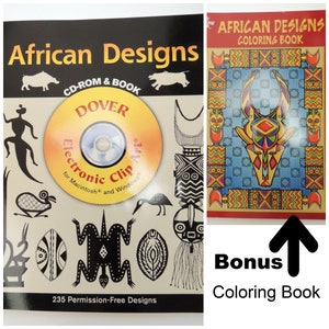 May include: A book and CD-ROM set titled "African Designs" featuring 235 permission-free designs. The cover of the book shows black and white illustrations of African-inspired patterns and animals. The CD-ROM is labeled "Dover Electronic Clip Art" and is for Macintosh and Windows.