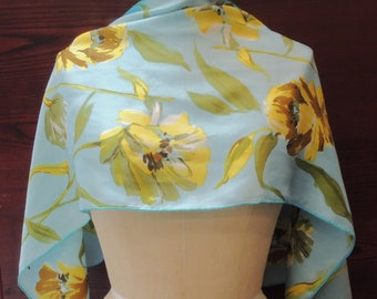 Vintage Silk Scarf: Hand Printed Retro Floral Headscarf, Oblong