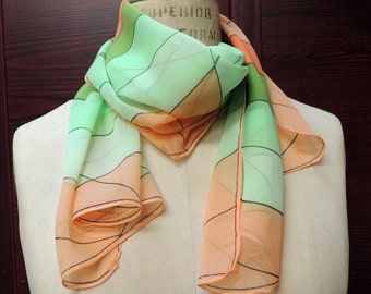 Vintage Geometric Rayon Scarf: Sheer Boho Headscarf, 1970s Style