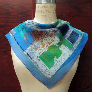 Vintage Abstract Sheer Scarf: Turquoise, Green, and Rust Boho Headscarf