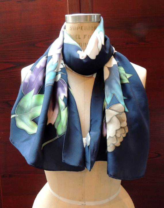 Dark Batik Scarf: Hand painted Silk, Vintage Head… - image 1