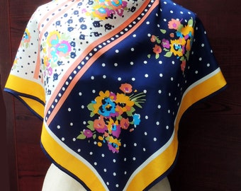 Vintage Floral Silk Scarf: Retro Striped Head Cover