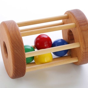 Baby Toy 6-12 Months - Wooden Tumbler Toy - Natural Rattle - Montessori - Ball Cylinder Rolling Toy - Baby Gift -