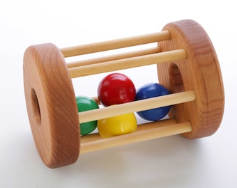 Baby Toy 6-12 Months - Wooden Tumbler Toy - Natural Rattle - Montessori - Ball Cylinder Rolling Toy - Baby Gift -