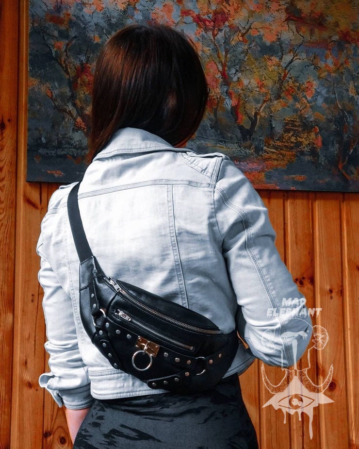 Black Leather Waist Bag Fanny Pack Gothic Designer Bag for 
