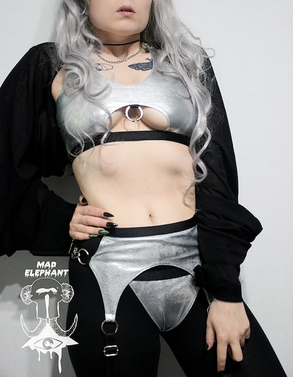 Silver Wet Look Lingerie Set Metallic Shiny Bra Top Bikini
