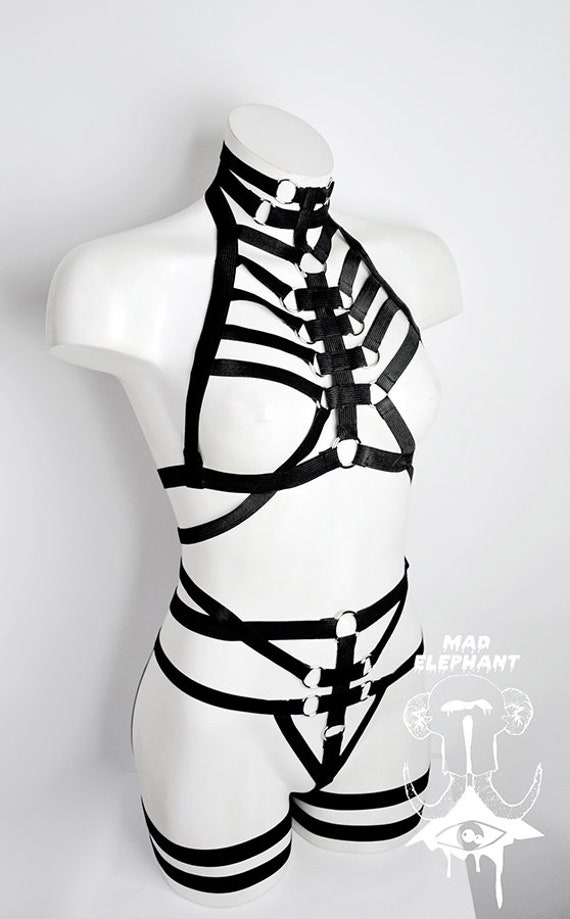 Black Strappy Harness Bodysuit, Full Body Harness, Erotic Lingerie Underwear  