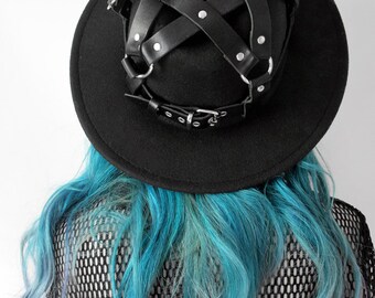 Black felt fedora hat with leather pentagram harness for man and woman