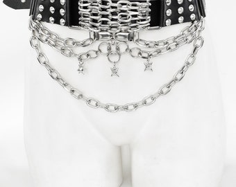 MORGENSTERN BELT: Spiked leather belt with chainmail hardware and morgenstern pendants