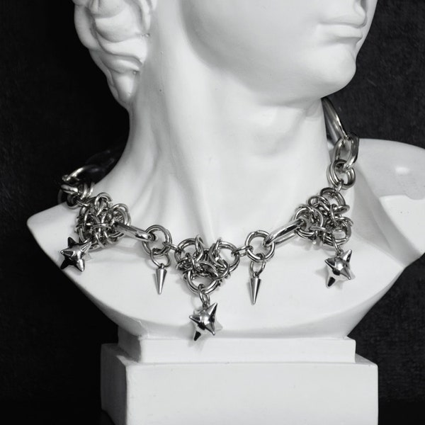 MORGENSTERN CHOKER: Gothic choker with aura chainmaille chain and metal morgenstern pendants, closure - pvc strap