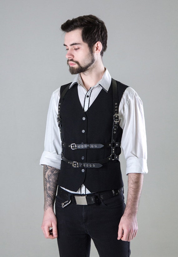 Mens Harness With Buckles Black Leather Male Clothing Bondage Etsy