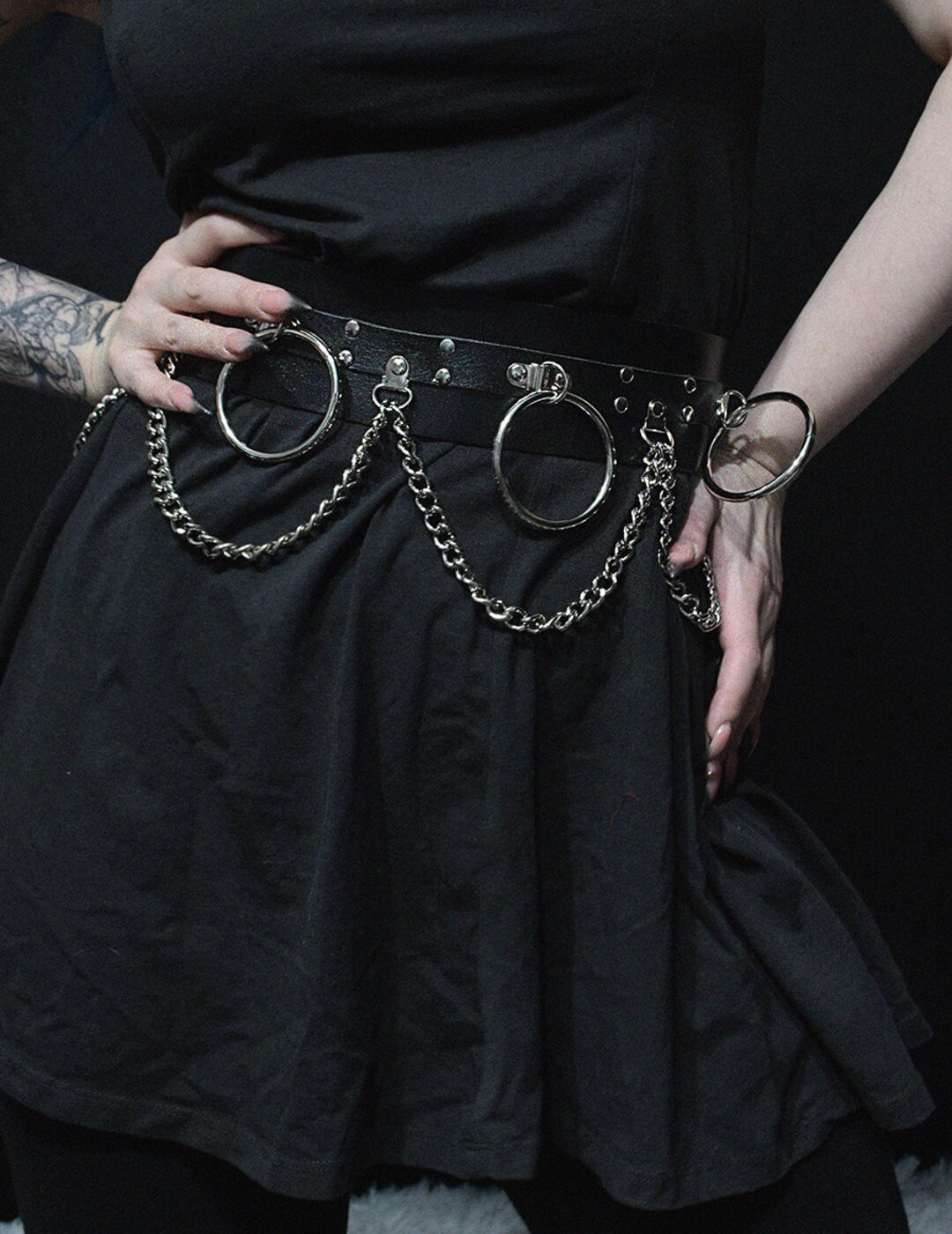 Women's Genuine Leather Harness Belt With Rings and Chains, Brutal