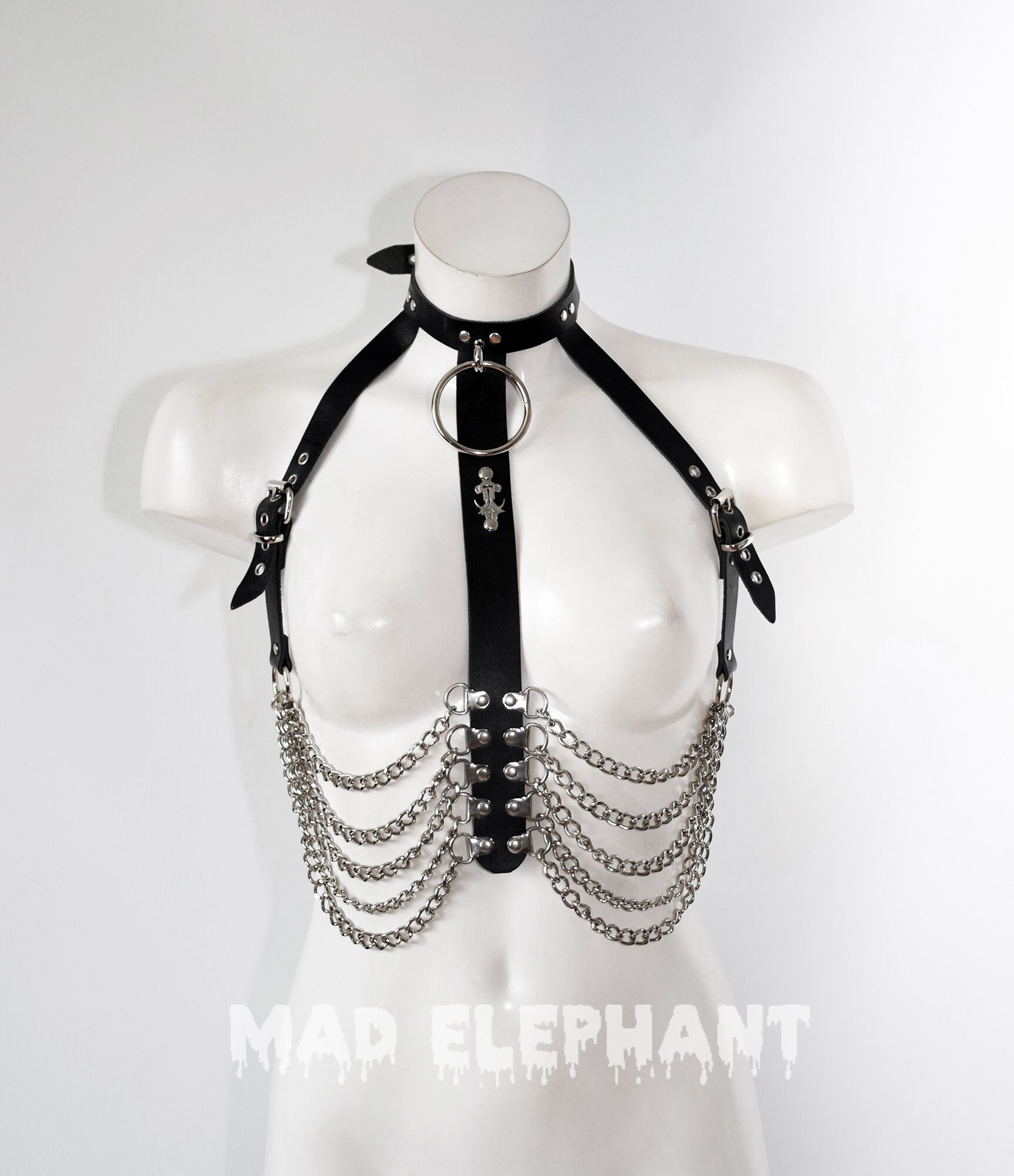 Black leather harness with choker body jewelry chains o ring Etsy