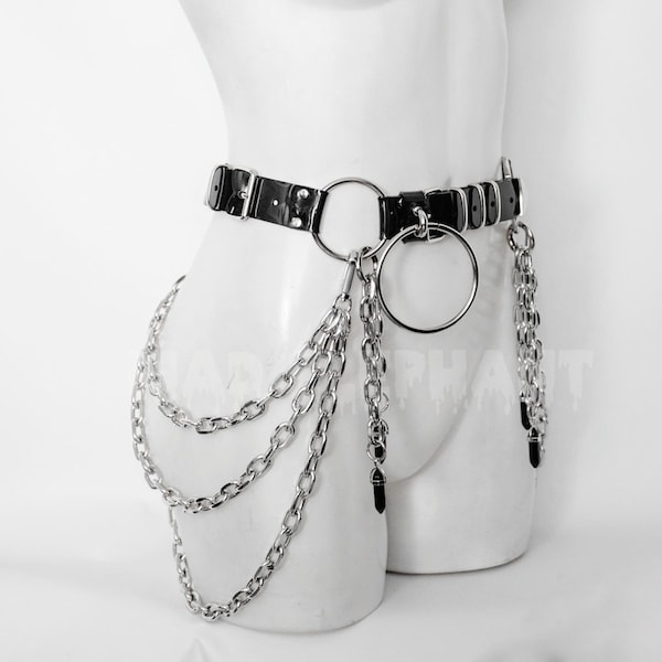 Pvc waist harness belt with chains and crystals, red black and white vinyl colors