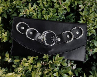 Black leather wallet with moon symbol, Women's clutch with magnet clasp and hand strap, free shipping