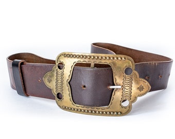 70s Tawny Leather Belt Woven Belt Distressed Leather Belt Size 44 Boho Hippie Belt with Weave /& Stitch Accents and Golden Brass Buckle