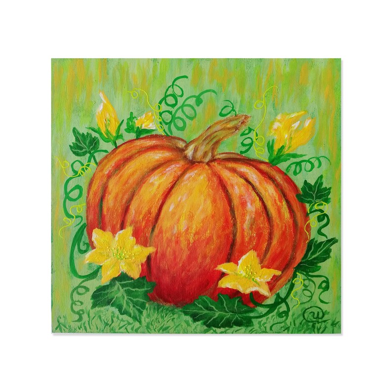 Acrylic painting on wooden board Lovely kitchen decor Birthday greeting Pumpkin original painting on wood panel Thanksgiving home decor