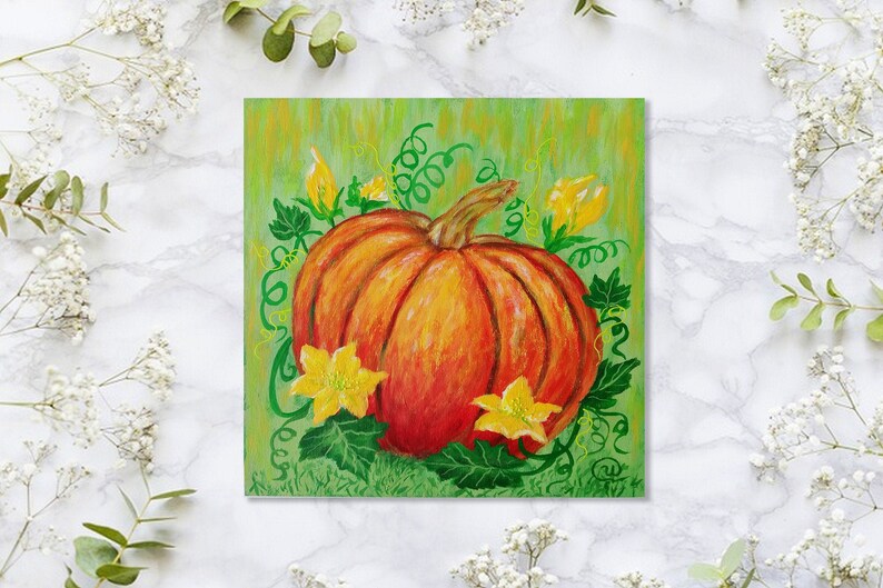 Acrylic painting on wooden board Lovely kitchen decor Birthday greeting Pumpkin original painting on wood panel Thanksgiving home decor
