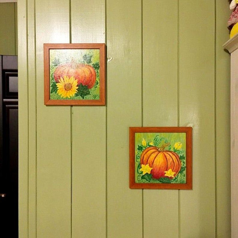 Acrylic painting on wooden board Lovely kitchen decor Birthday greeting Pumpkin original painting on wood panel Thanksgiving home decor