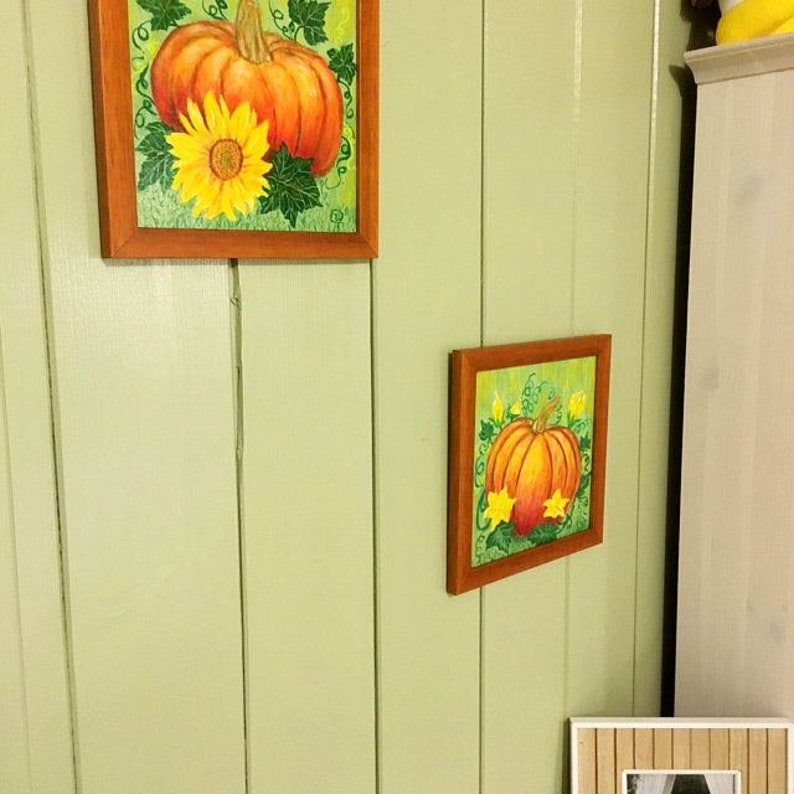 Acrylic painting on wooden board Lovely kitchen decor Birthday greeting Pumpkin original painting on wood panel Thanksgiving home decor