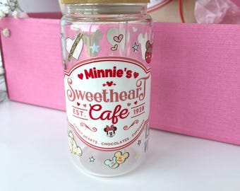Valentine's Cup, Minnie's Sweetheart Cafe Glass Can, Disney Valentine Gift, 16oz Iced Coffee Cup