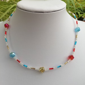 Hand Crafted Red, Blue and Yellow Beaded Necklace.