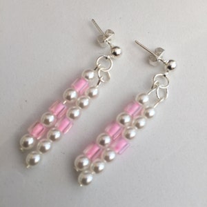 Hand Crafted Pink and Pearl Double Drop Beaded Earrings.