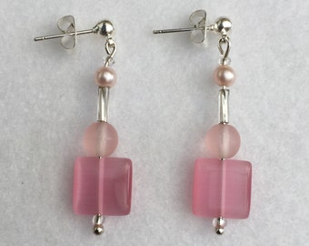 Hand Crafted Beaded Pink and Silver Earrings