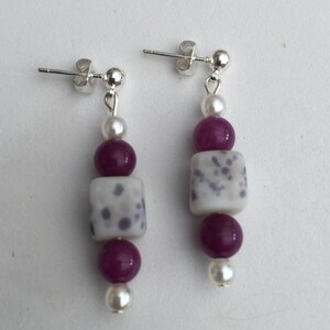 Hand Crafted Purple and Cream Beaded Earrings
